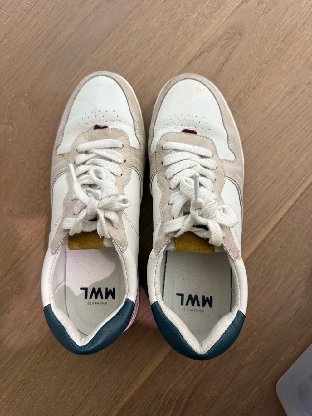 Madewell White & Beige Suede Accent Sneakers with Teal Heel
